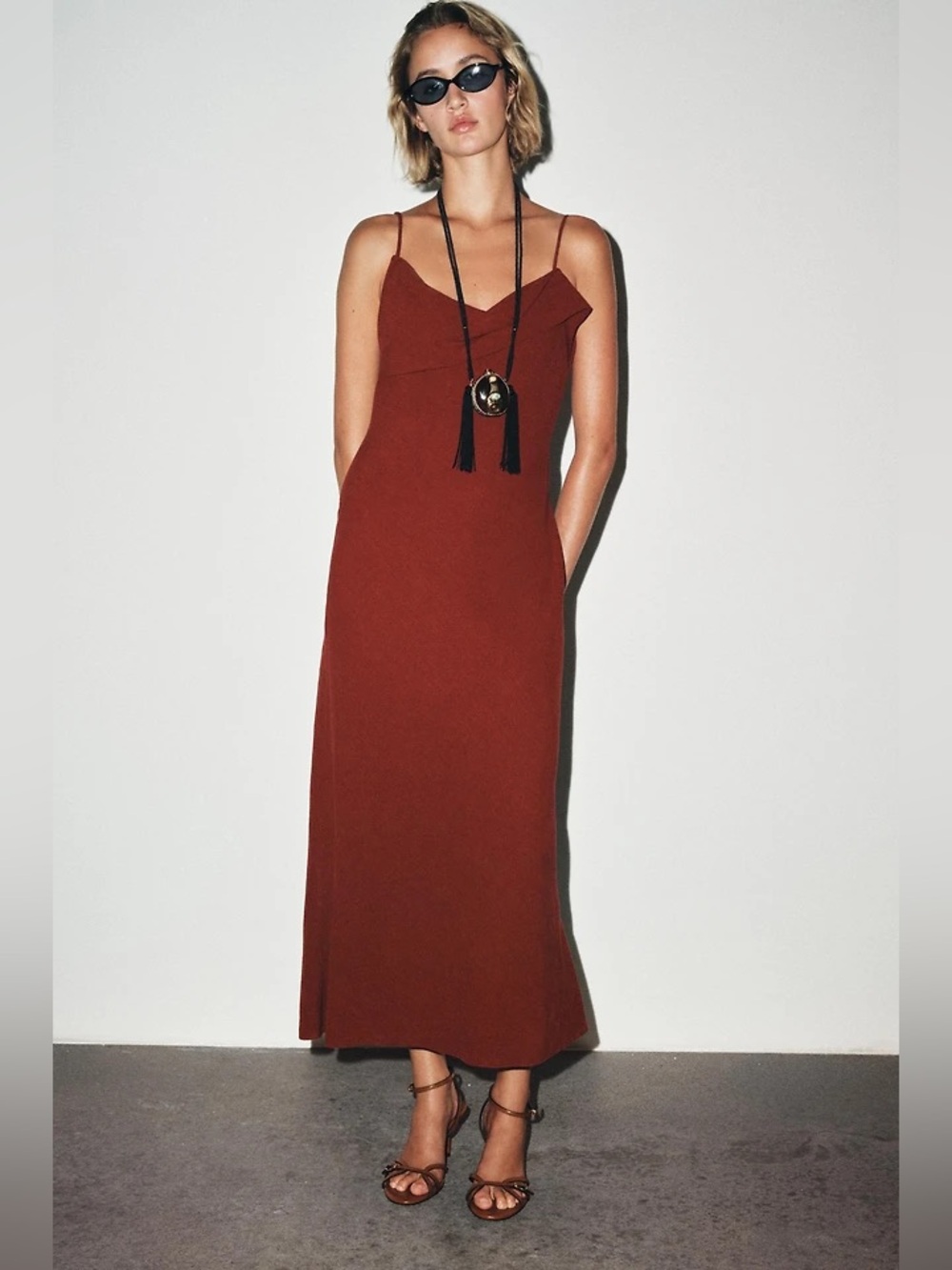 Zara Summer Collection Ramie Midi Dress in Burgundy Red Size L